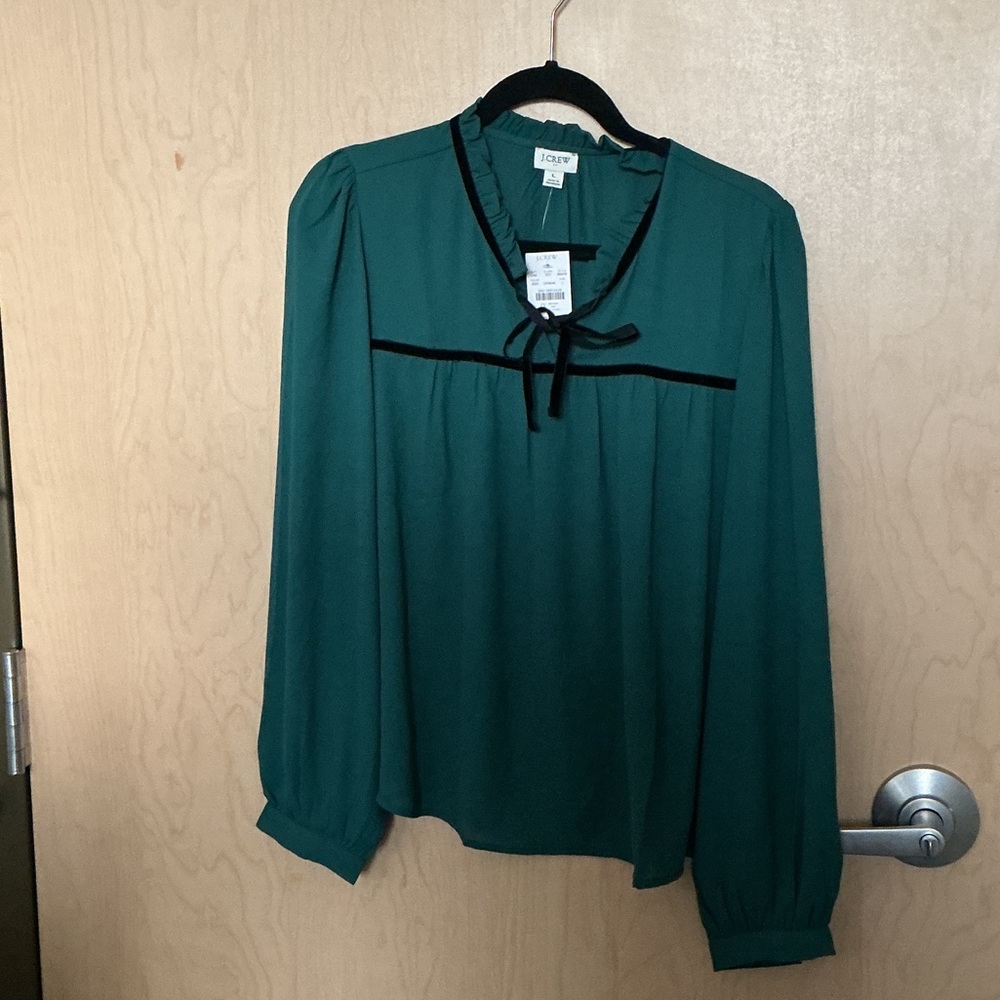 J. Crew Green Blouse with Black Trim